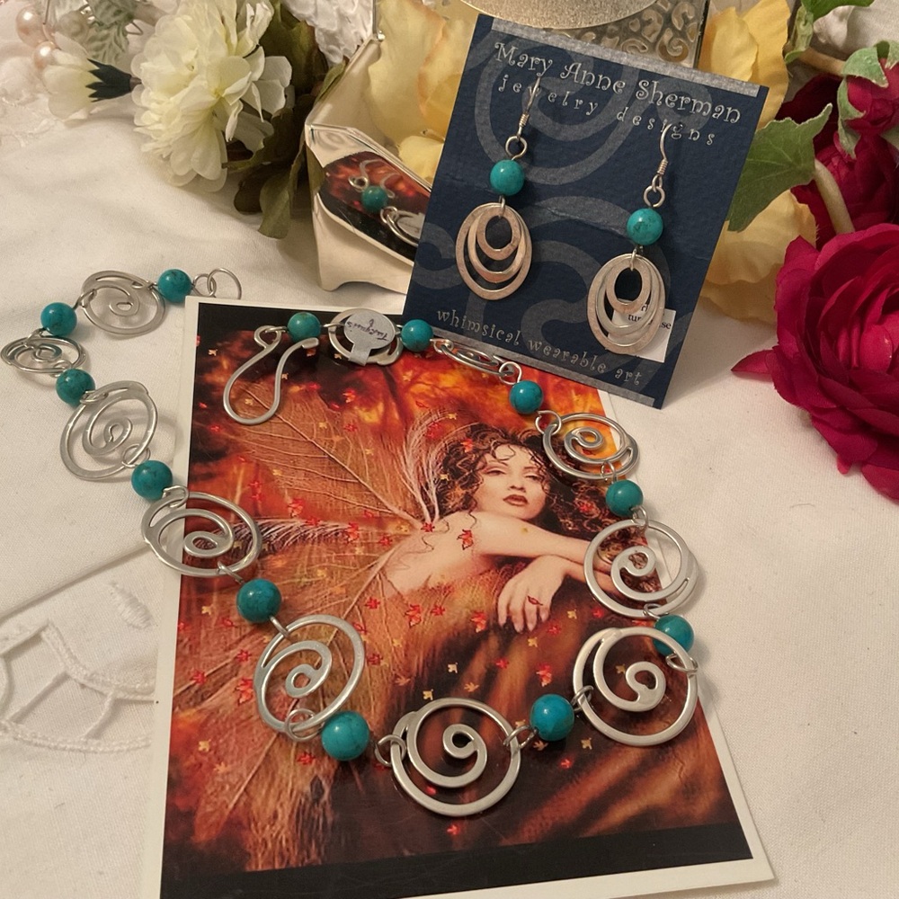 MARY ANNA SHERMAN 925 TURQUOISE WHIMSICAL WEARABLE ART NECKLACE & EARRINGS